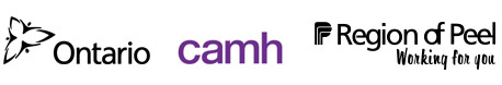 A collage of three logos for our funding partners. Ontario. CAMH. Region of Peel.