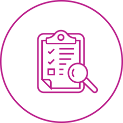 A round icon with a clipboard and magnifying glass to indicate the Assessments section.