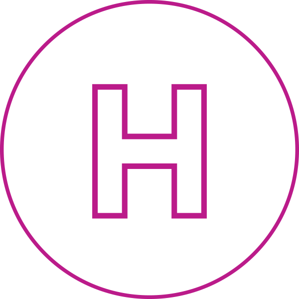 A round icon with a large letter "H" to represent hospitals and communities.