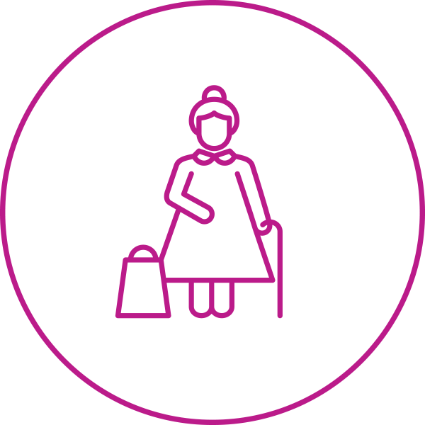 A round icon with an elderly looking figure of a woman inside. She's using a cane and has her hair tied up in a bun style.