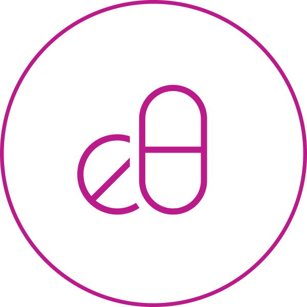 A round icon with two pills in the middle to represent opioids.