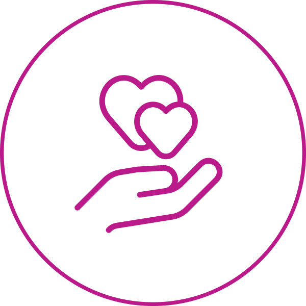 A round icon with a hand holding a heart to represent peer support.