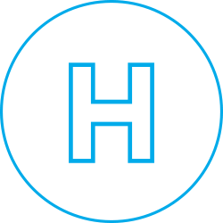 A round icon with a big letter H in the middle representing community and hospitals.