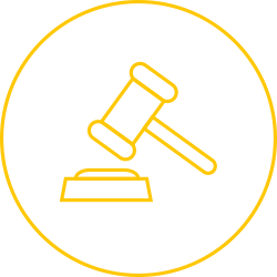 A round icon with a judge's gavel in it to represent court.