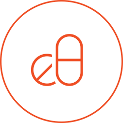 A round icon with some icons of pills to represent opioids.