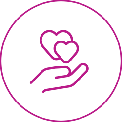 A round icon with a hand and holding two hearts to represent peer support.